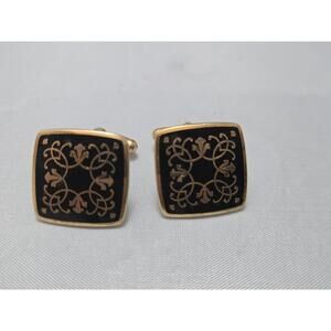 Vintage Signed Flex-let Black and Gold Tone Cuff Links